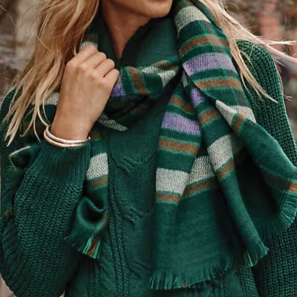 J. Jill NWT $49 Emerald Green Multi Exploded Oversized Plaid Scarf Wrap w Fringe - Picture 2 of 6